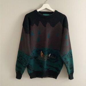 Vintage Cricketeer Fishing Scene Knit Crewneck Sweater, Size S